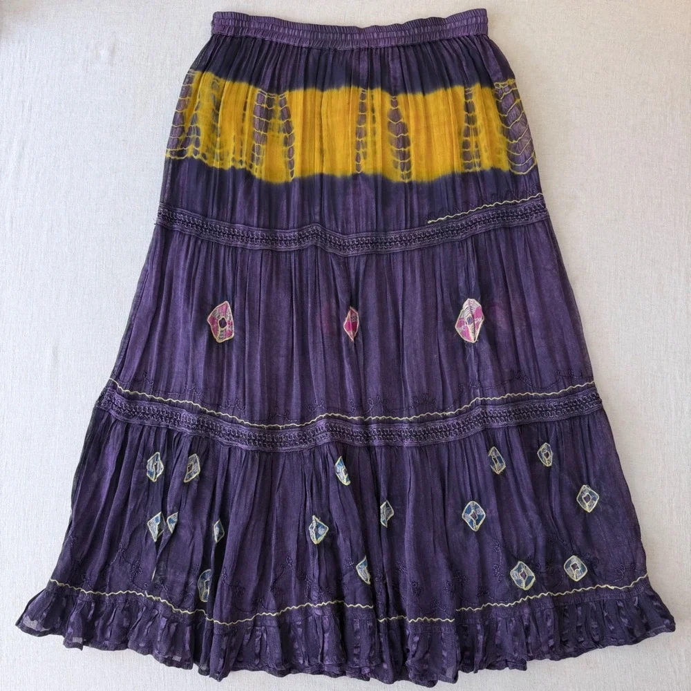 Boho Purple Yellow Tie Dye Embroidered Tiered Maxi‎ Skirt One Size Rayon